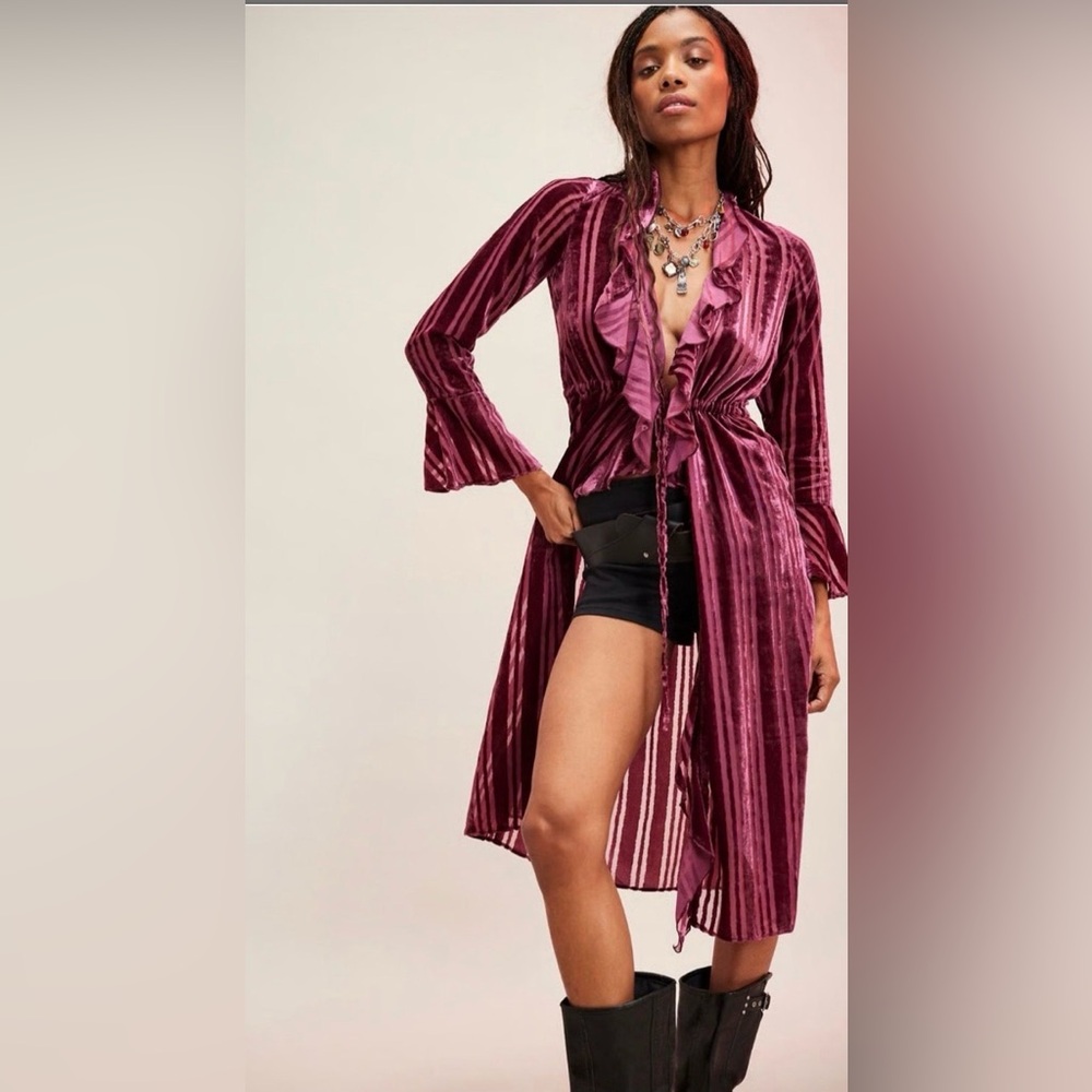 Free People Dolly Duster, Velvet, Midi Length, Robe, Burgundy, Striped, XL, NWT